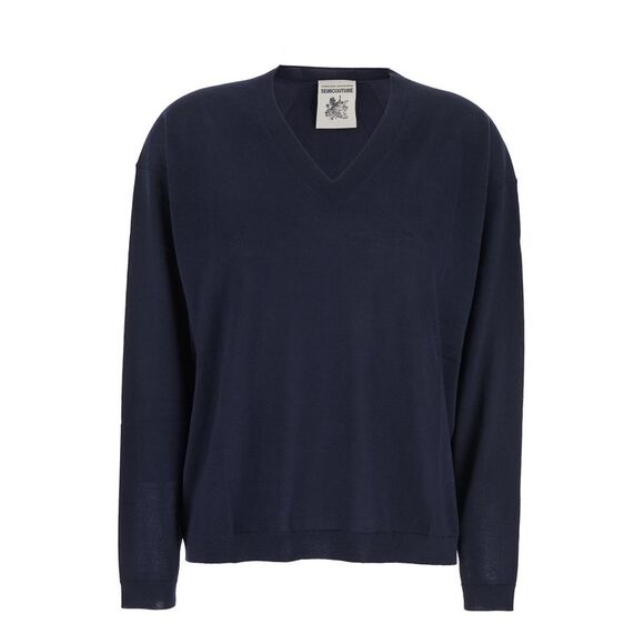 Semicouture Women Blue Sweater With V Neck And Ribbed Trims In Wool Woman
